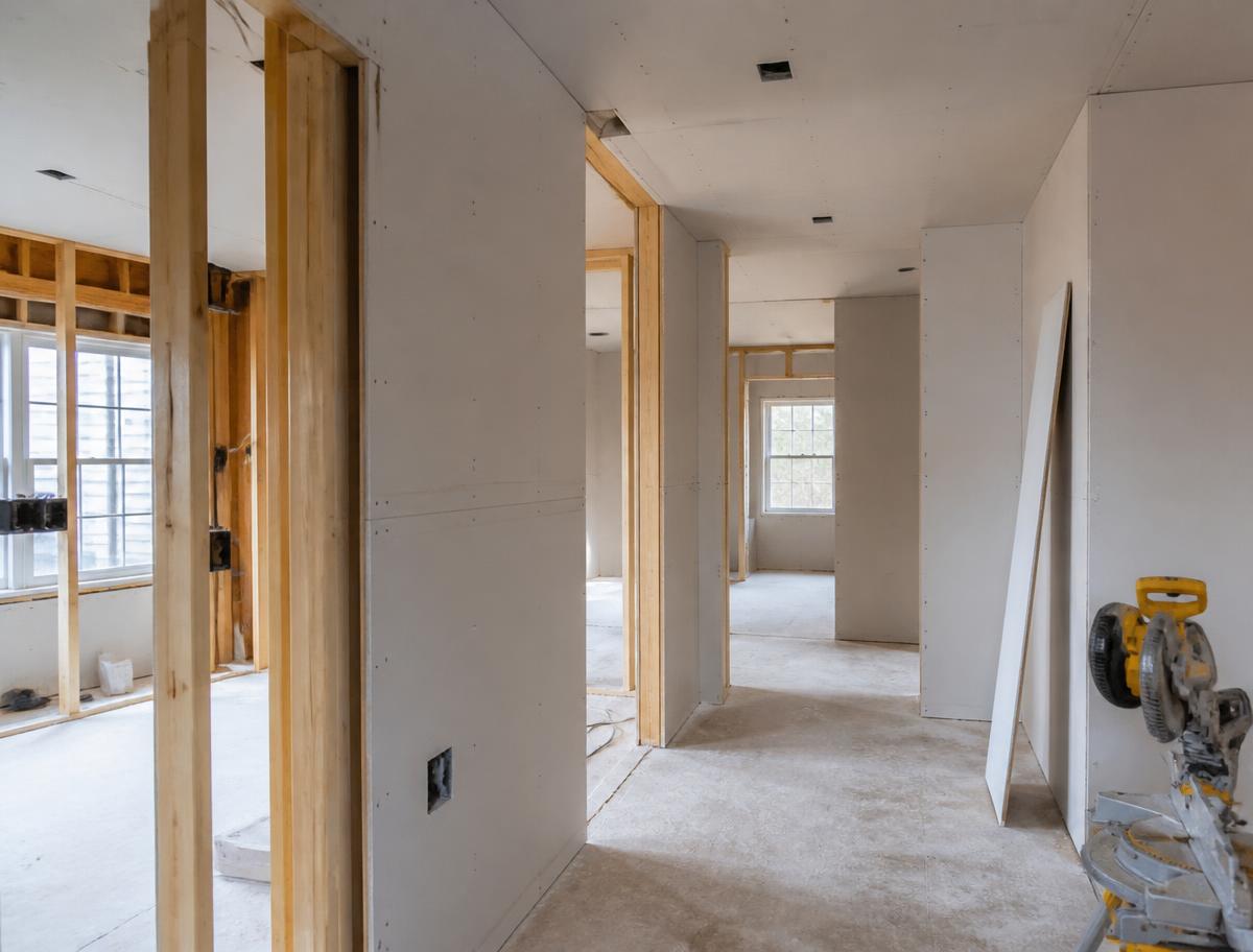 Interior of a home under renovation with new drywall and framing