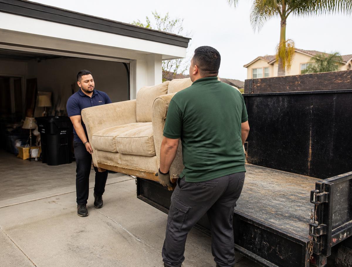 Two CRinnovations crew members loading an old couch into a dump truck