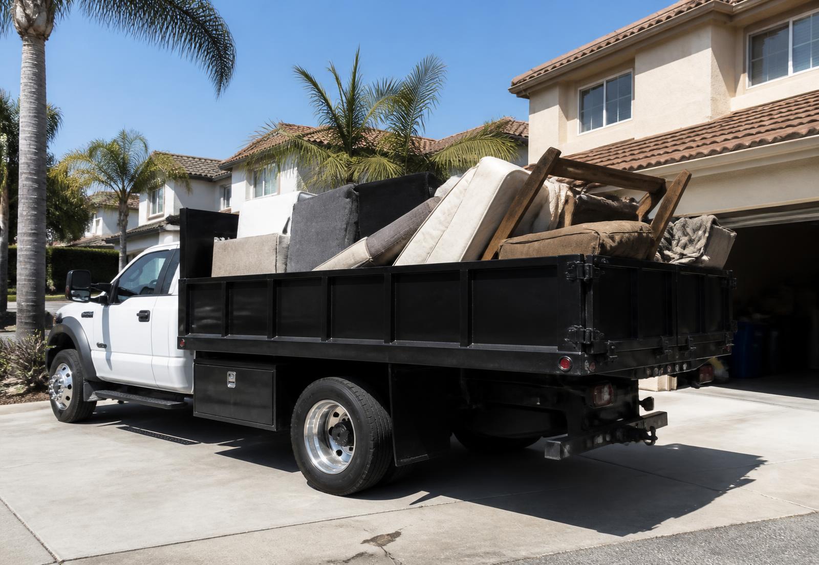 CRinnovations dump truck loaded with old furniture and mattresses in a residential driveway
