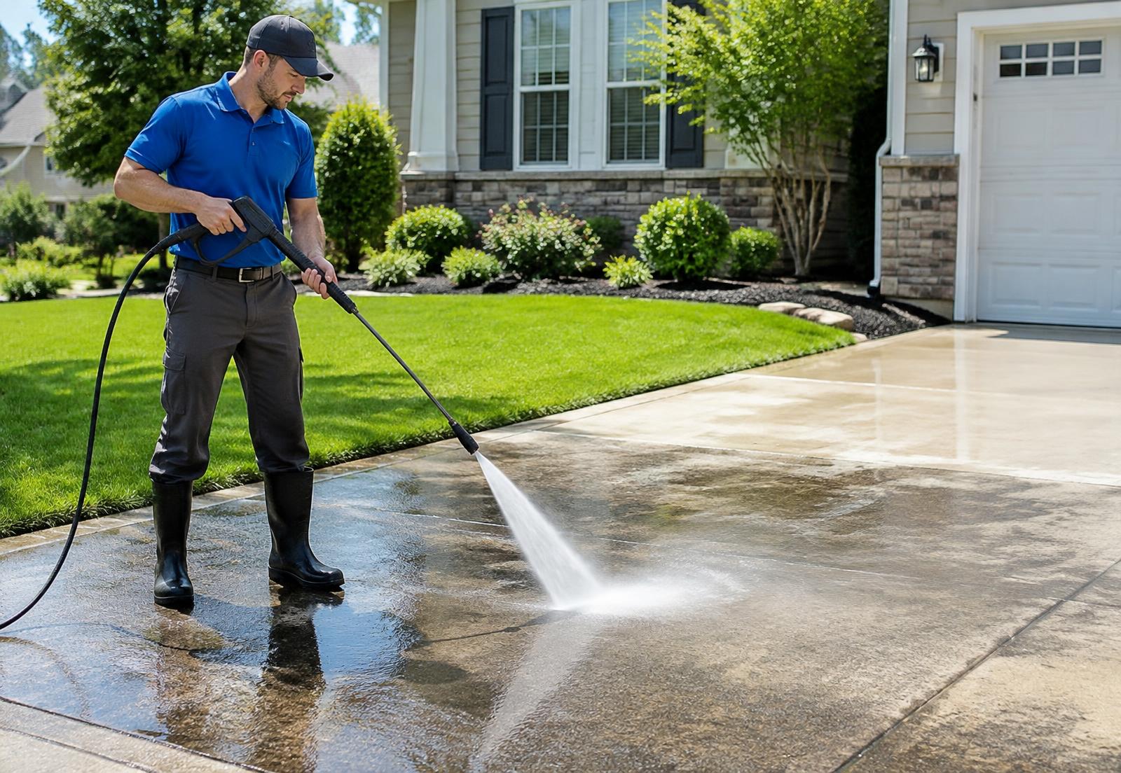 Worker pressure washing a residential driveway, clean wet concrete contrasting with the dirty section